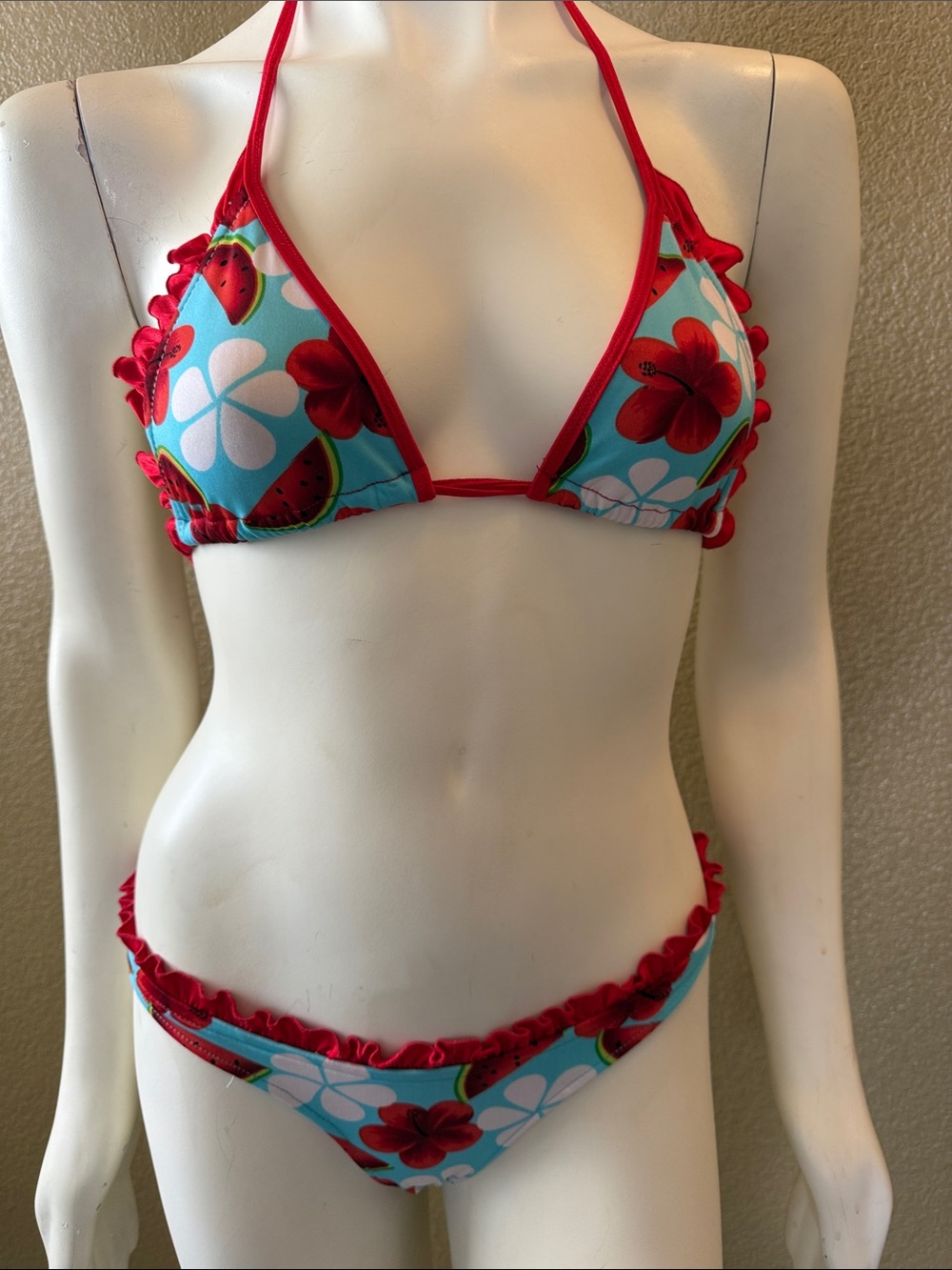Women’s Red & Turquoise Floral Ruffle Bikini - Brand Unspecified